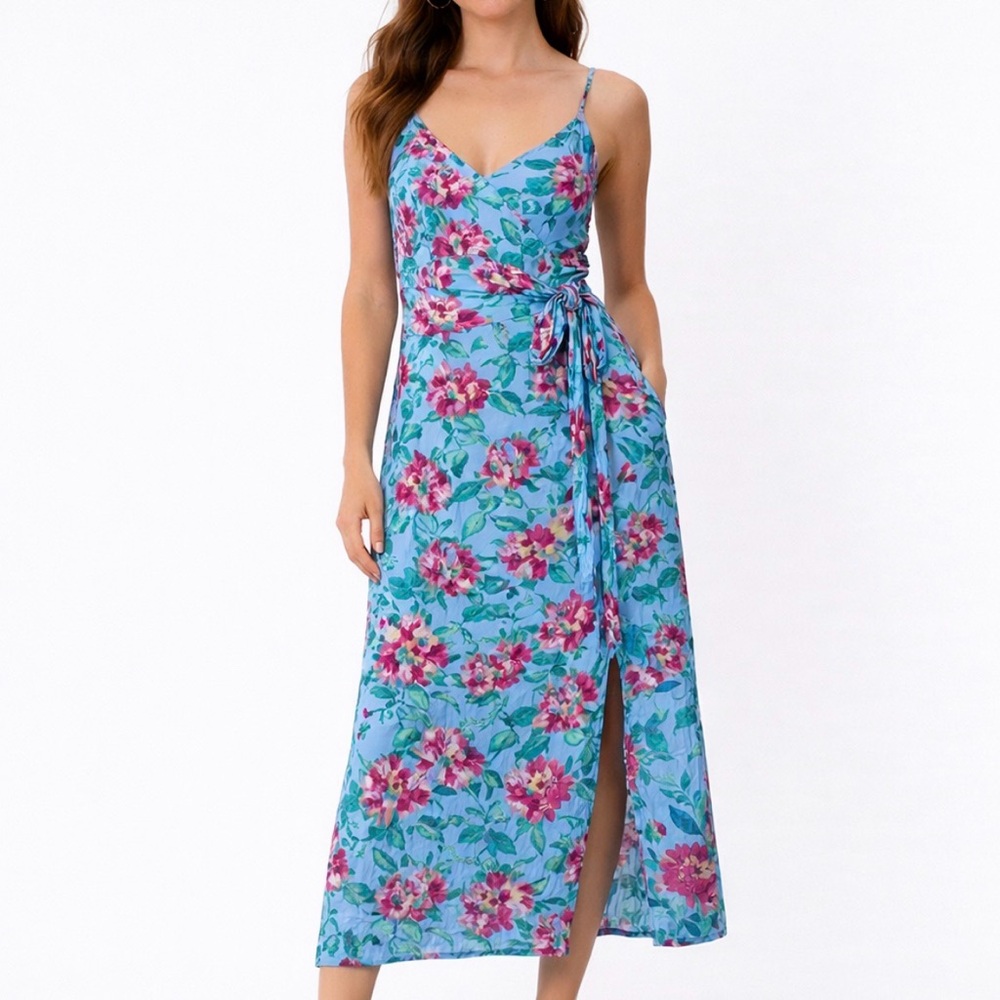 ZARA Blue Floral Wrap Midi Dress Women’s XS Pink Green Tie Waist Summer‎